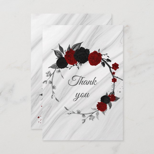 black & red flowers botanical marble thank you card (Front/Back)