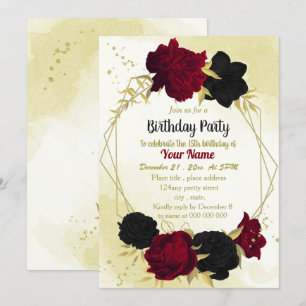 black red flowers gold leaves birthday  invitation