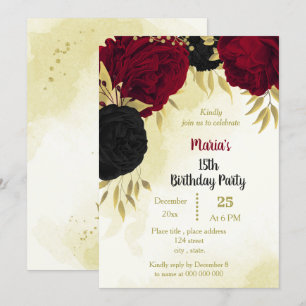 black red flowers gold leaves birthday  invitation