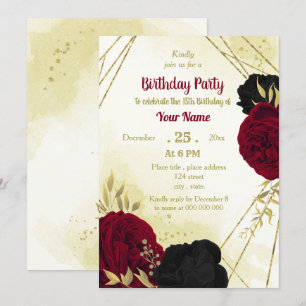 black red flowers gold leaves birthday  invitation