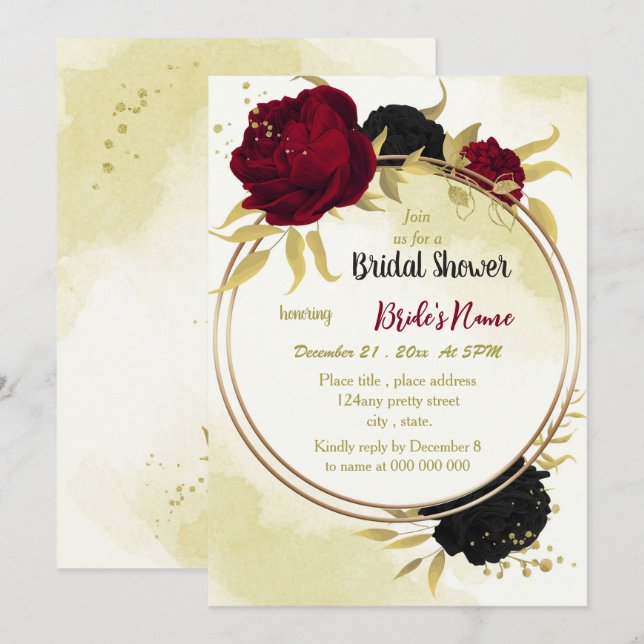 black red flowers gold leaves bridal shower invitation (Front/Back)