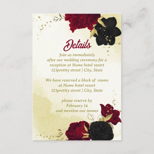 black red flowers gold leaves enclosure card (Front)