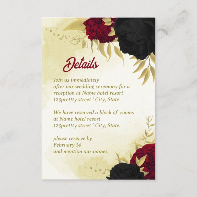 black red flowers gold leaves enclosure card (Front)
