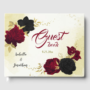 black red flowers gold leaves guest book