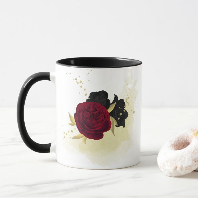 black red flowers gold leaves mug (With Donut)