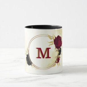 black red flowers gold leaves mug