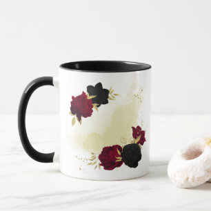 black red flowers gold leaves mug