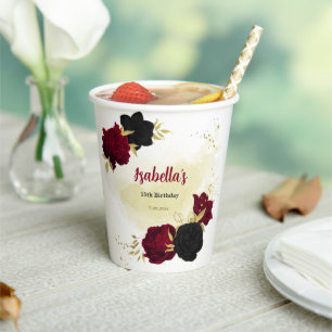 black red flowers gold leaves  paper cups