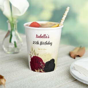 black red flowers gold leaves paper cups