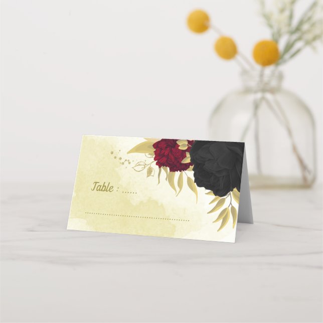 black red flowers gold leaves place card (Front)