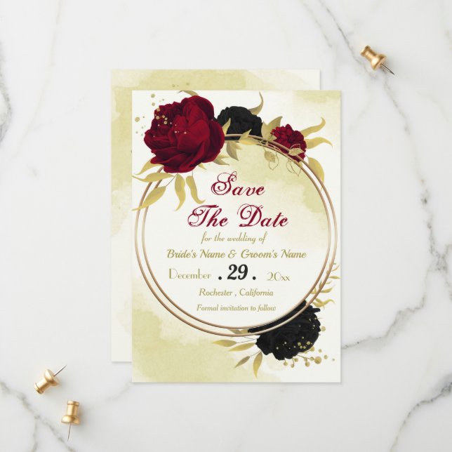 black red flowers gold leaves save the date (Front/Back In Situ)