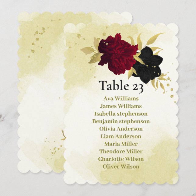 black red flowers gold leaves seating chart card (Front/Back)