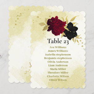 black red flowers gold leaves seating chart card