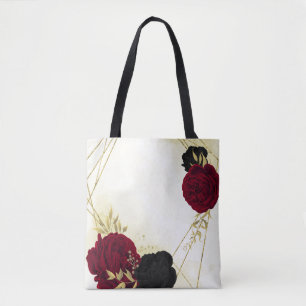 black red flowers gold leaves tote bag