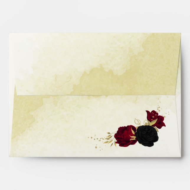 black red flowers gold leaves wedding envelope (Back (Top Flap))