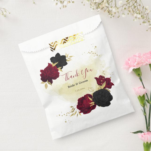 black red flowers gold leaves wedding favour bag (Sealed)