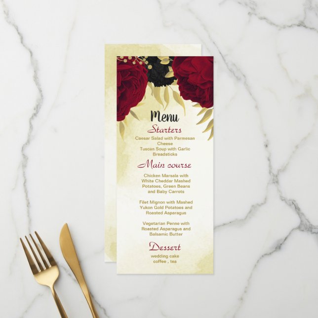 black red flowers gold leaves wedding menu (Front/Back In Situ)