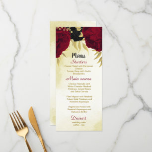 black red flowers gold leaves wedding menu