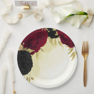 black red flowers gold leaves wedding paper plate