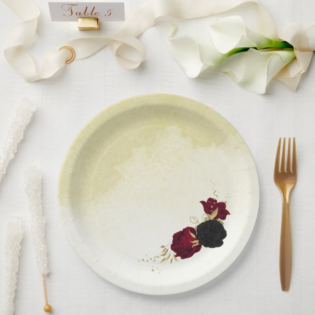 black red flowers gold leaves wedding paper plate (Wedding)