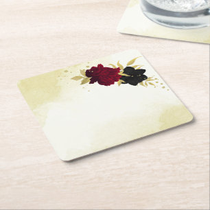 black red flowers gold leaves wedding square paper coaster