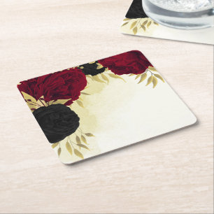 black red flowers gold leaves wedding square paper coaster
