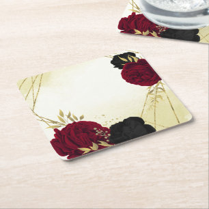 black red flowers gold leaves wedding square paper coaster