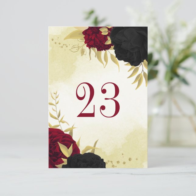 black red flowers gold leaves wedding table number (Standing Front)