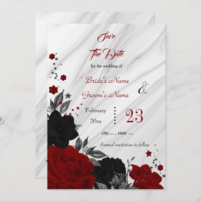 black red flowers grey leaves marble  save the date (Front/Back)