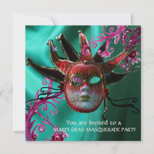 BLACK RED FUCHSIA JESTER MASK ,Masquerade Party Invitation