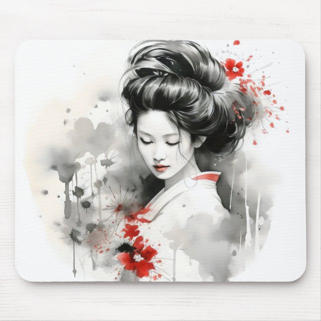 Black Red Geisha Mouse Pad (Front)