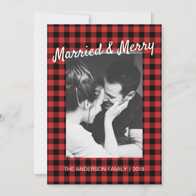 Black Red Gingham Married Merry Thank You Photo Holiday Card (Front)