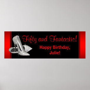Black Red Glitter High Heels Birthday Party Banner Poster