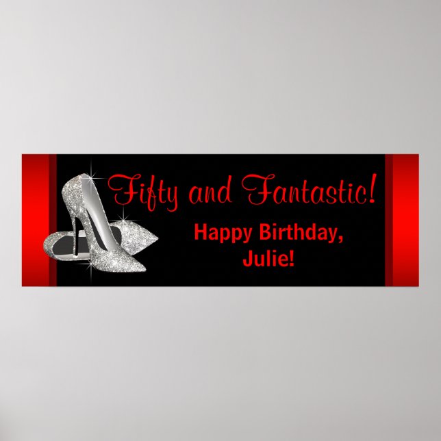 Black Red Glitter High Heels Birthday Party Banner Poster (Front)