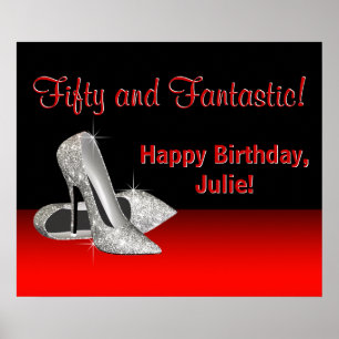 Black Red Glitter High Heels Birthday Party Banner Poster