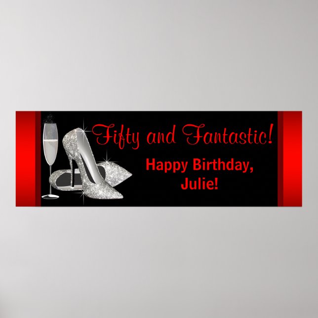 Black Red Glitter High Heels Birthday Party Banner Poster (Front)