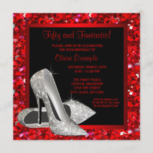Black Red Glitter High Heels Womans 50th Birthday Invitation