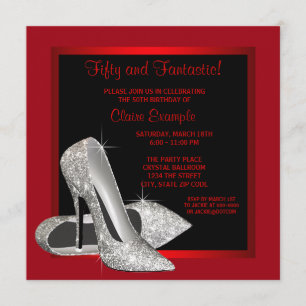 Black Red Glitter High Heels Womans 50th Brithday Invitation
