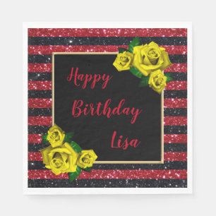 Black Red Glitter Stripes Yellow Roses Birthday Napkin