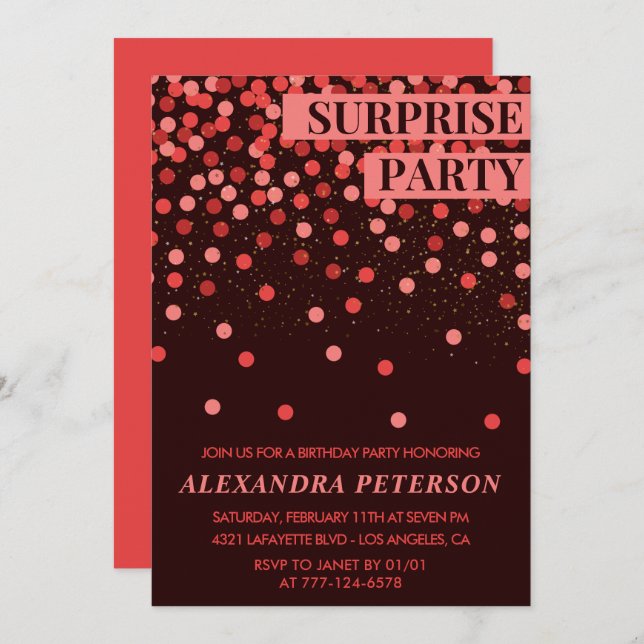  Black Red Glitter Surprise birthday 64th birthday Invitation (Front/Back)