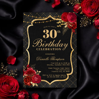 Black, Red & Gold 30th Birthday Invitation