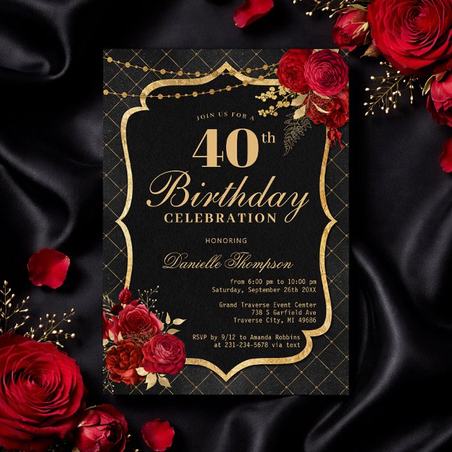 Black, Red & Gold 40th Birthday Invitation (Black, Red & Gold 40th Birthday Invitation with Roses
)