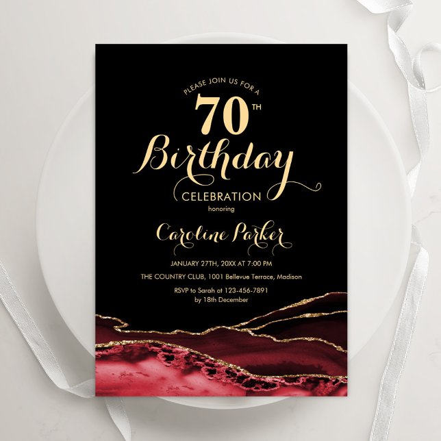 Black Red Gold Agate 70th Birthday Invitation (Creator Uploaded)