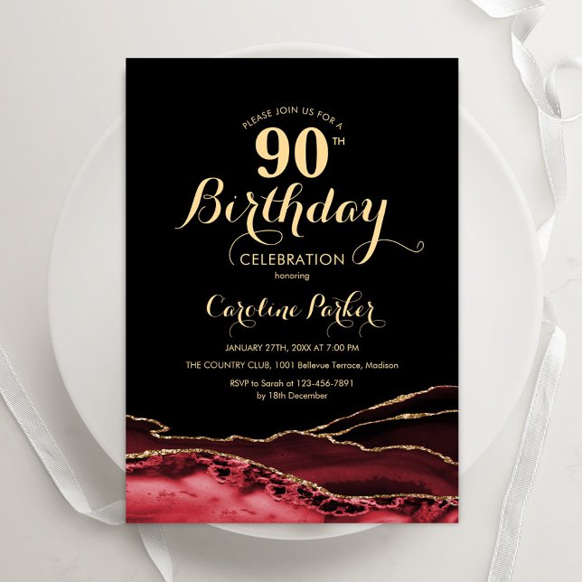 Black Red Gold Agate 90th Birthday Invitation (Creator Uploaded)