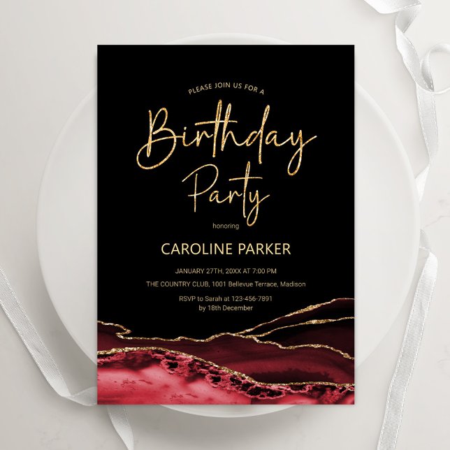 Black Red Gold Agate Birthday Any Age Invitation (Creator Uploaded)