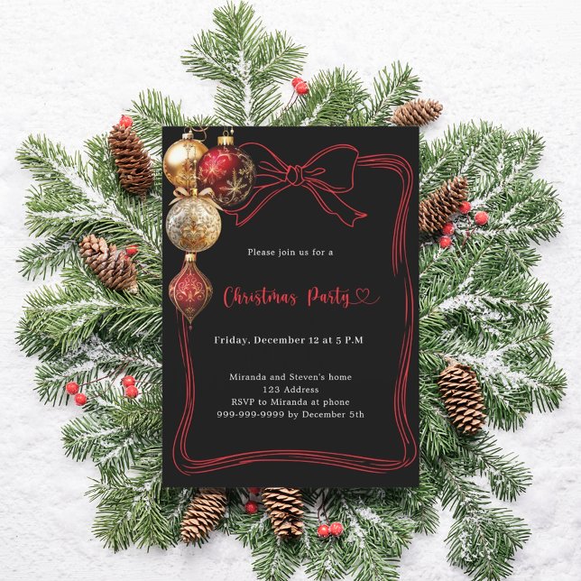 Black red gold baubles bow Christmas Party Invitation (Creator Uploaded)