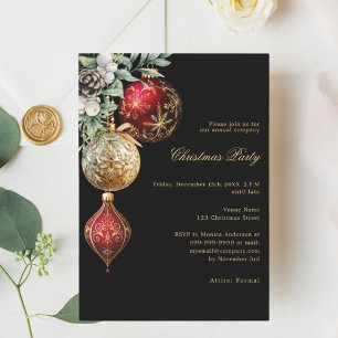 Black red gold baubles business Christmas Party Invitation