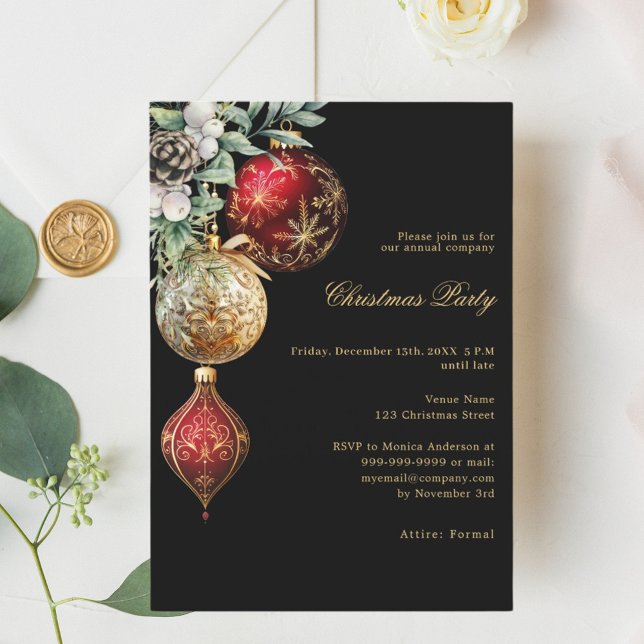 Black red gold baubles business Christmas Party Invitation (Creator Uploaded)