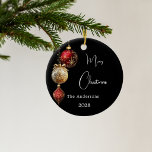 Black red gold baubles Christmas Ceramic Ornament<br><div class="desc">A modern black coloured gradient background. Decorated with red and gold baubles.  Personalise and add your name,  year.  Text: Merry Christmas</div>