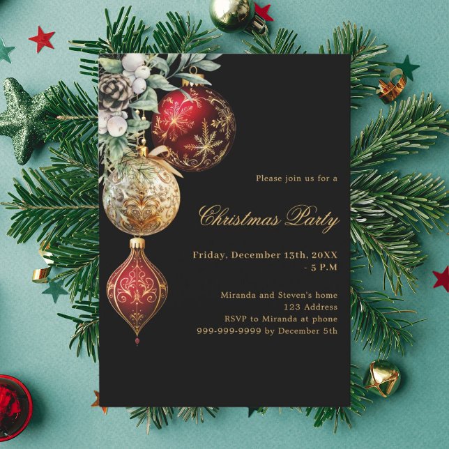 Black red gold baubles Christmas Party Invitation (Creator Uploaded)